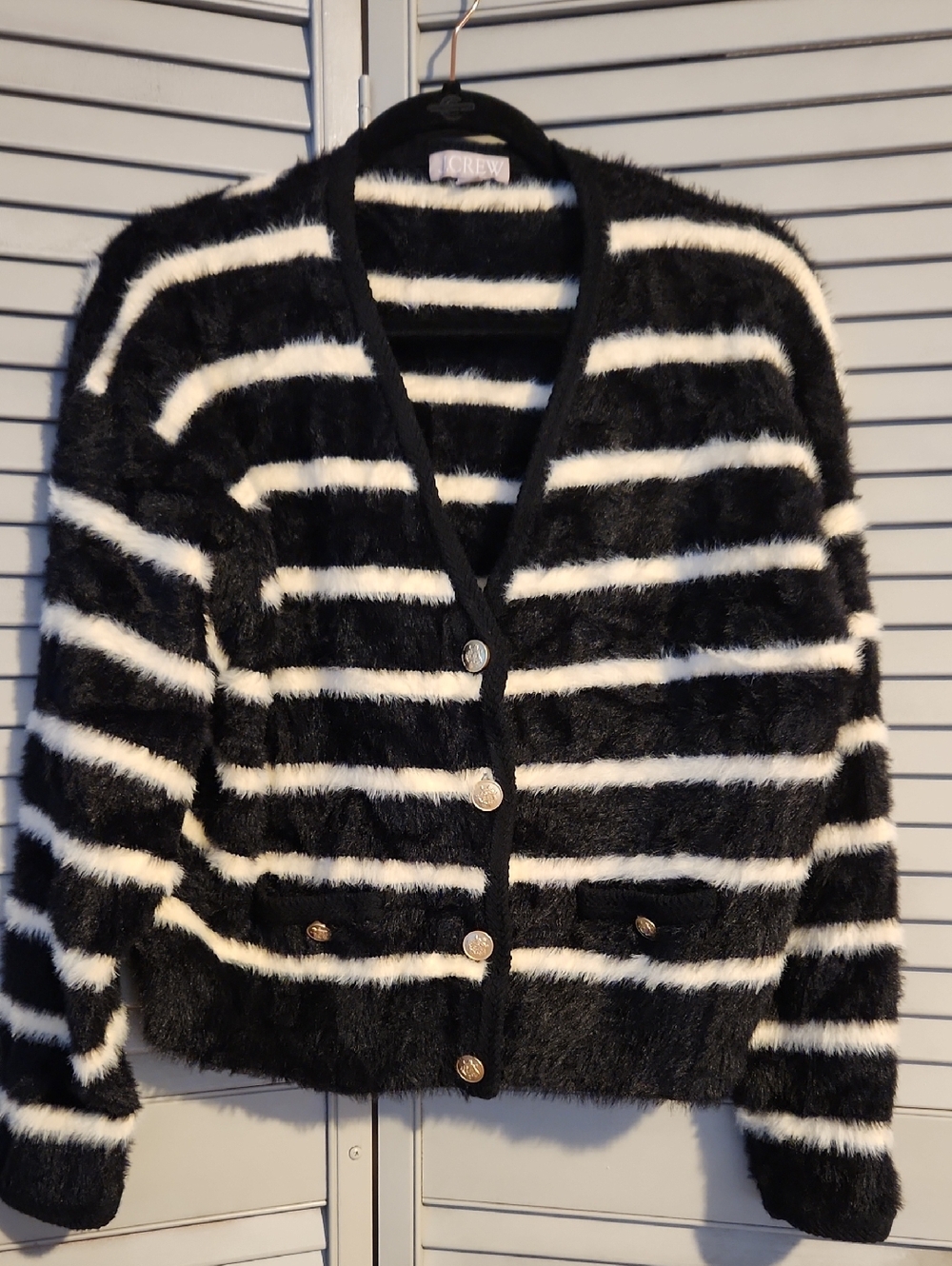 J Crew Lady Jacket Striped Black & Creme Bushed Yarn Soft Fuzzy Prep Upscale